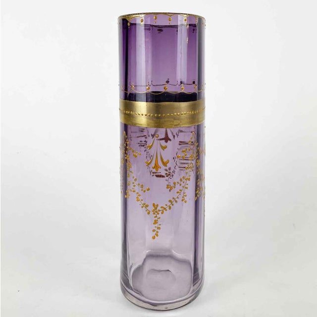 Moser Decorated Art Nouveau Glass Vase, oval and slightly faceted, featuring a soft amethyst color, deeper toward the rim...