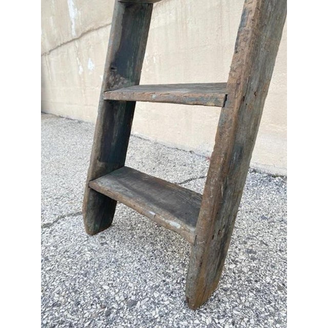 Antique French Rustic Primitive Green Distress Painted Wooden Barn Ladder For Sale - Image 9 of 11