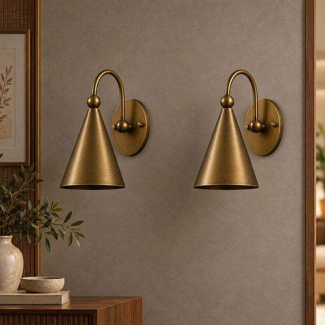 Metal Brass Cone Wall Sconces Handcrafted Wall Lamp With Curved Arms and Tapered Shades - Pair For Sale - Image 7 of 8