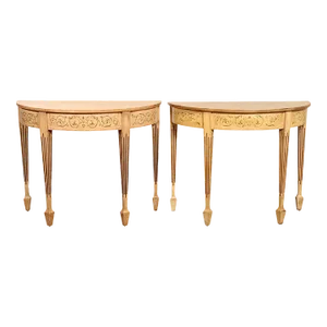 Adam Style Pair of Paint Decorated Demilune Console Tables
