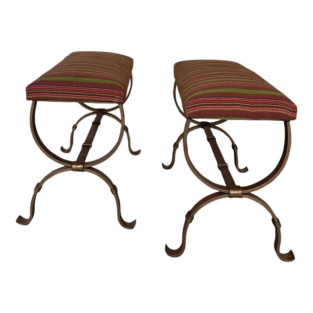 Pair of Spanish Gilt Iron Benches in Striped Fabric For Sale