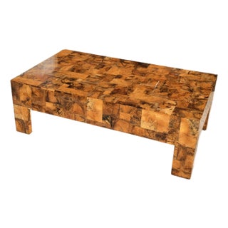 Dramatic Thick Sculptural Made Goods “Giulio” Tamarind Patchwork Burl Coffee Table Statement Piece For Sale