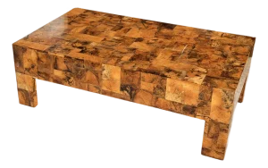 Dramatic Thick Sculptural Made Goods “Giulio” Tamarind Patchwork Burl Coffee Table Statement Piece