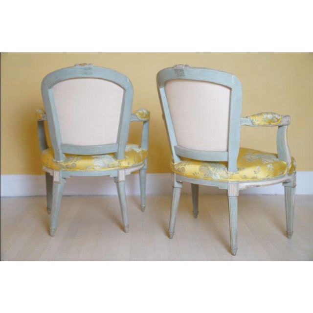 19th C. Louis XVI Style Silk Upholstered Painted Fauteuils - Set of 2 For Sale - Image 4 of 15