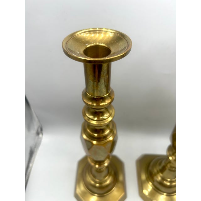 Gemstone Antique English Brass "Ace of Diamonds" Diamond Jubilee Candlesticks, Pair, C. 1887 For Sale - Image 7 of 12