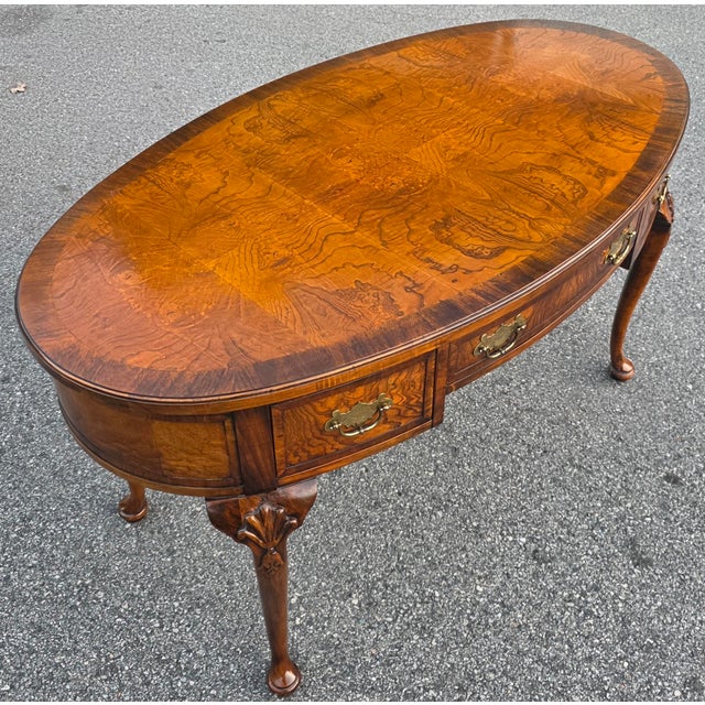 Hekman Queen Anne Revival Burl Walnut Writing Desk With Carved Shell-Accent Cabriole Legs, Late 20th Century For Sale - Image 9 of 12
