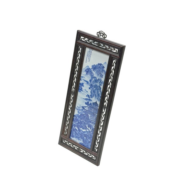 Oriental Blue White Tree Mountain Scenery Porcelain Framed Wall Panel Art For Sale In San Francisco - Image 6 of 11