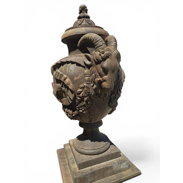 Architectural Stone Urns with Ram Heads, Italy, 1940s, Set of 2 For Sale - Image 6 of 12