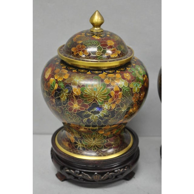 Vintage Cloisonné Chinese Small Enameled Brass/Bronze Brown Covered Ginger Jars on Stands with Blue Interior - a Pair....