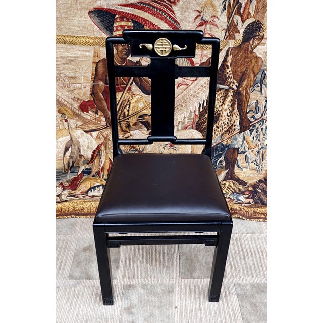 Early 20th Century Black Lacquer Chinese Influence Charcoal Leather Dining Chairs- Set of 4 For Sale - Image 4 of 13