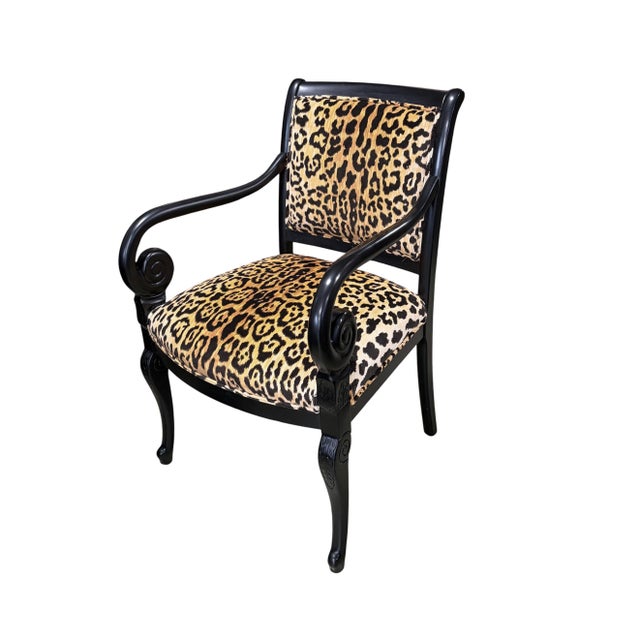French Elegant Vintage French Style Black Lacquer Wood Armchair W/Animal Print For Sale - Image 3 of 9