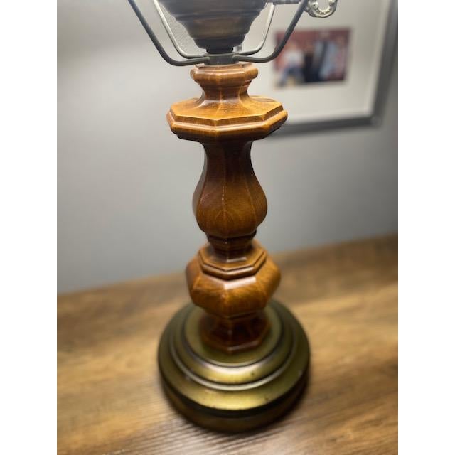 Vintage Pair of Colonial Style Walnut & Brass Table Lamps With Milk Glass Shades For Sale In Fayetteville, AR - Image 6 of 8