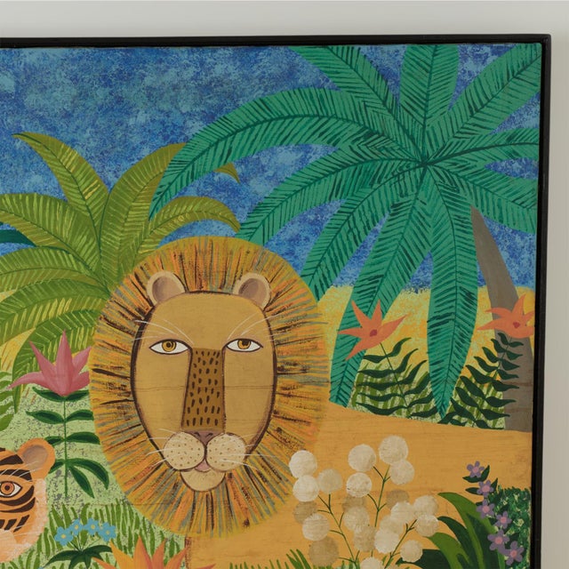 1980s Vintage Naive Painting of a Tiger and a Lion in a Jungle Signed Cadena For Sale - Image 5 of 11