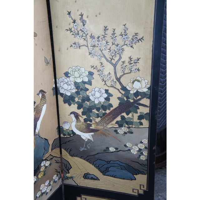 Vintage Chinese Black Lacquer 4 Panel Hand Painted Folding Screen Room Divider For Sale - Image 6 of 18