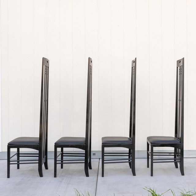 Art Deco 1970s Charles Rennie Mackintosh Style Ingram High Back Chairs — Set of 4 — Postmodern Gothic For Sale - Image 3 of 12