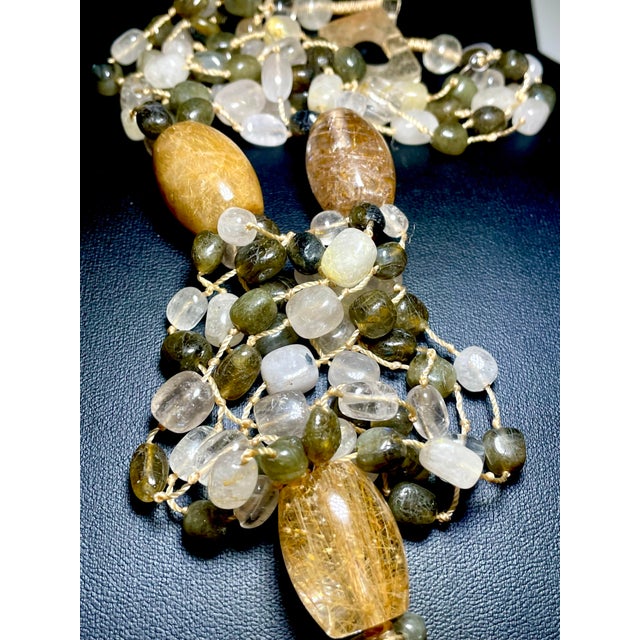 Boho Chic Gemstone Necklace Four Strand, Contrasting Rutile Quarts and Labradorite With Large Barrel Beads of Golden Rutile Quartz and Stone Clasp. For Sale - Image 3 of 8