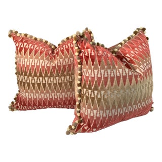 Pair of Persimmon and Beige Velvet Pillows For Sale