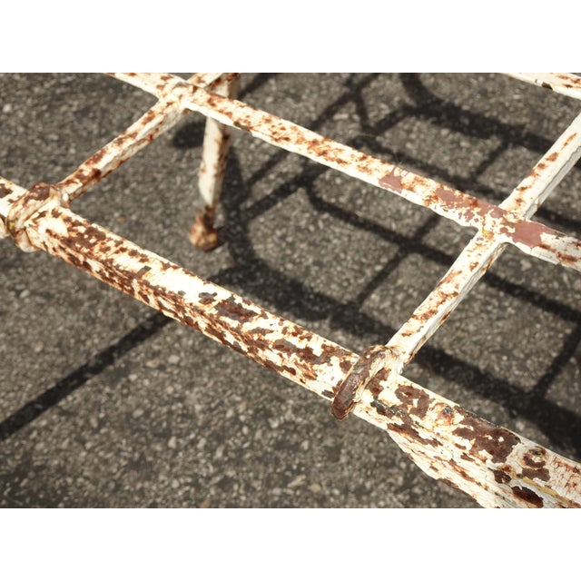 Vintage Rustic Solid Wrought Iron Bench White Cushion French Country Style For Sale - Image 11 of 12