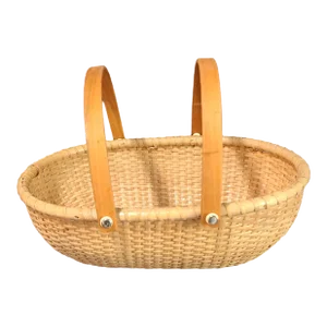 Mid 20th Century Hand Made Wicker With Wood Bottom and Double Handle Gathering Basket