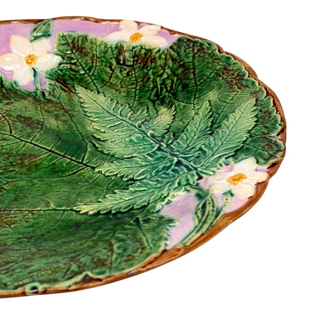 Late 19th Century Joseph Holdcroft Majolica Plate With Leaf, Ferns and Flowers, English, Ca. 1875 For Sale - Image 5 of 11