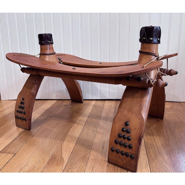 Coffee Vintage Moroccan Camel Saddle Footstool With New Southwest Upholstery For Sale - Image 8 of 12