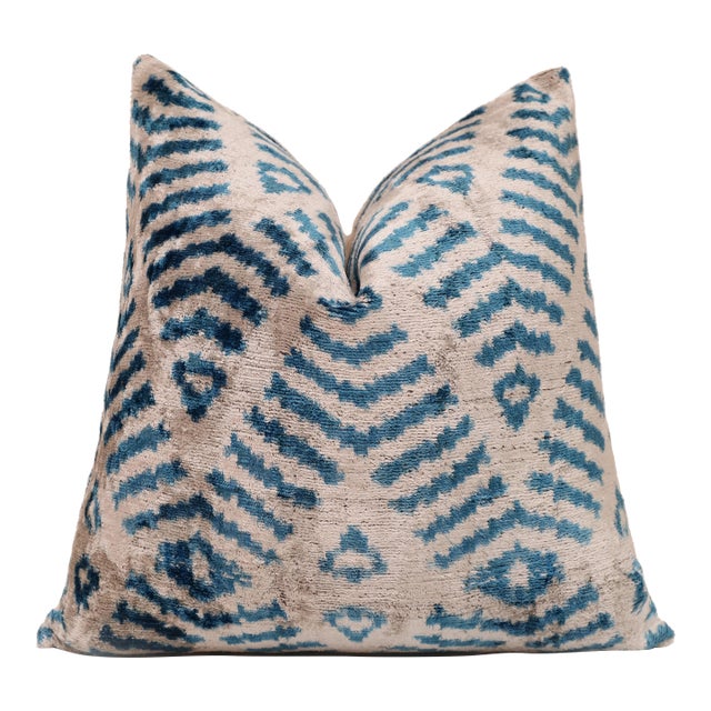 Handmade Blue Ikat Silk Velvet Pillow 20x20 | Designer Accent Cushion For Sale