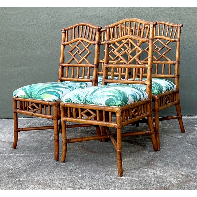 Chinoiserie Vintage Arched Back Rattan Dining Chairs in Manuel Canovas - Set of 4 For Sale - Image 3 of 12