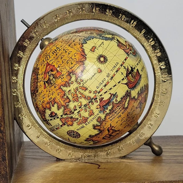 1980s Vintage Wooden Brass Spanish Terrestrial World Globe Bookends - a Pair For Sale - Image 5 of 5