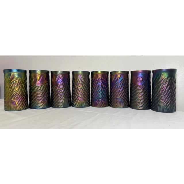 1990s John Cook Koi Fish Iridescent Cobalt Glass Tumbler Cup - Lot of 8 For Sale - Image 4 of 15