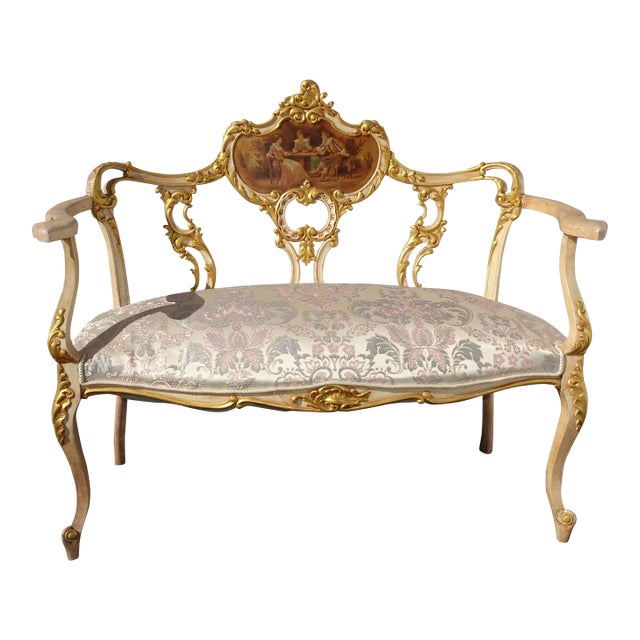 Vintage French Louis XVI Ornate Pastel Pink and Gold Two Seater Settee For Sale