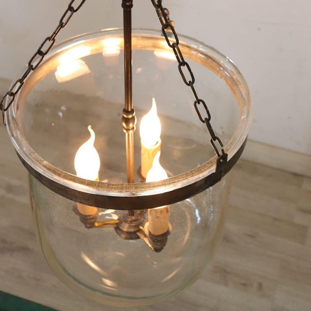 We offer this splendid early 20th-century Italian lantern with three internal bulbs. This pendant lantern is a beautiful...