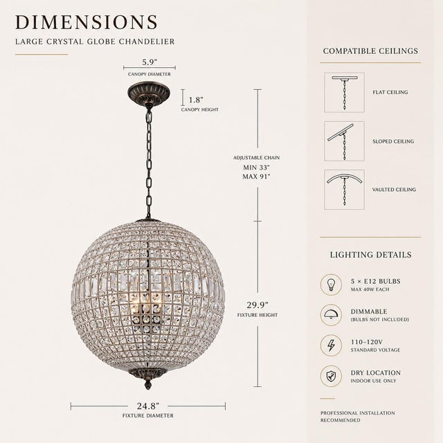 Elevate your space with this handcrafted crystal globe chandelier, designed in a vintage French style with a warm antique...