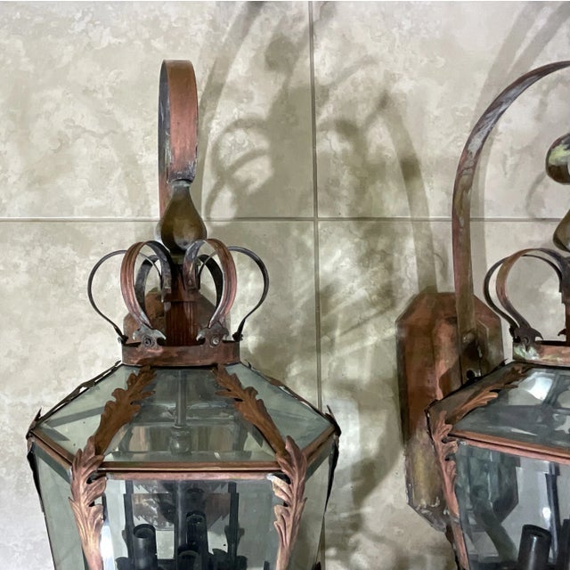 Brass Magnificent Pair of Vintage Brass Lanterns - a Grand Entrance Statement For Sale - Image 8 of 12