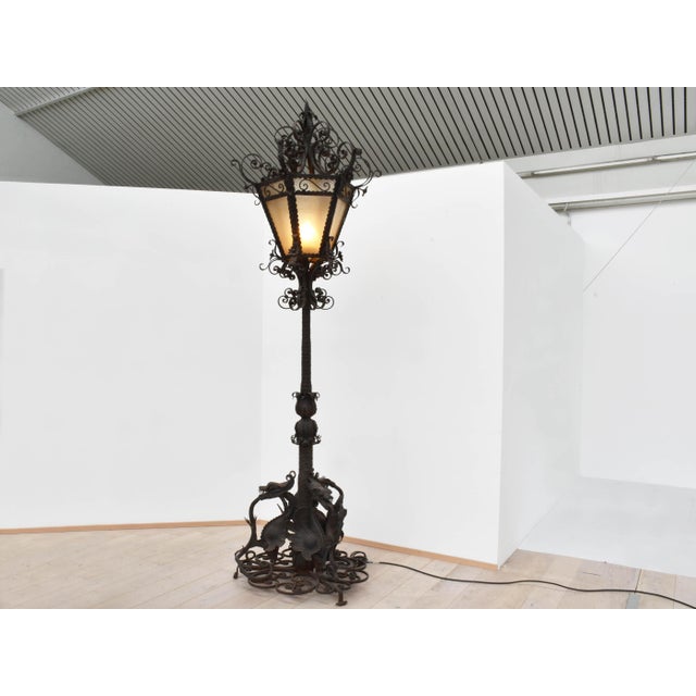 Large Italian Wrought Iron Outdoor Lamppost from Mazzucotelli, Italy, 1910s, in Very Good conditions. Designed 1890 to...