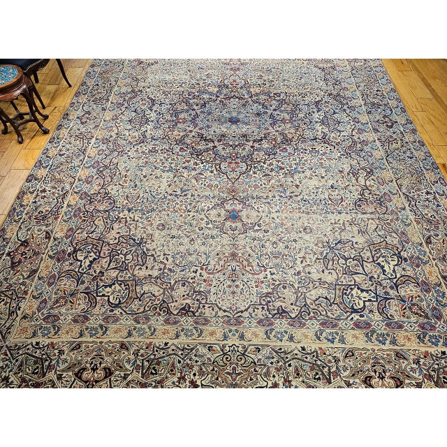 19th Century Oversized Persian Kerman Lavar Rug, Hand-Knotted Wool, Floral Pattern, Ivory & Blue, 11’ X 17’ For Sale - Image 10 of 18