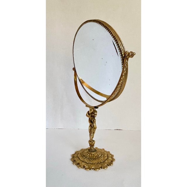 Art Nouveau Rococo Style Brass Female Figure Round Vanity Mirror For Sale - Image 4 of 12