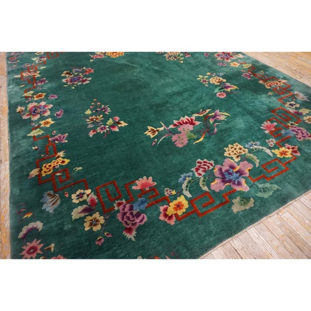 1920s 1920s Green Open Field Modern Antique Chinese Art Deco Carpet Room Size Rug For Sale - Image 5 of 9