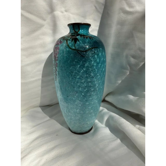 Japanese Cloisonne Enamel Vase Wisteria Ice Blue Ground 7 in Antique Meiji Era For Sale - Image 13 of 14