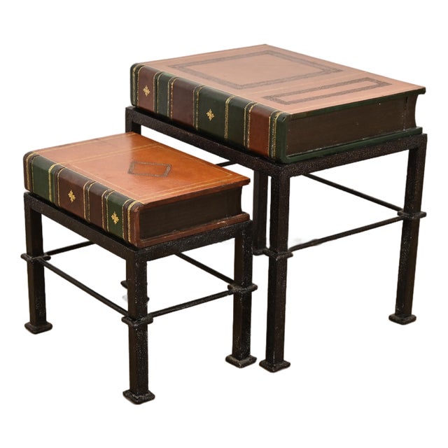 Maitland Smith Trompe l'Oeil Leather Book Nesting Tables, Set of Two For Sale