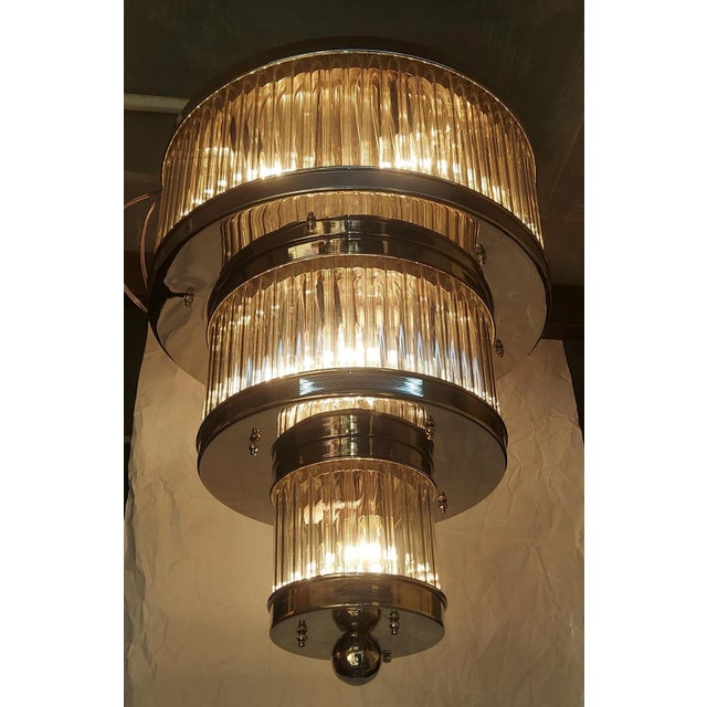 Skyscraper Vintage 1940s Ceiling Hanging Chandelier Fixture Three Tier Nickel Brass & Glass Rod Ship 12 Light For Sale - Image 4 of 5