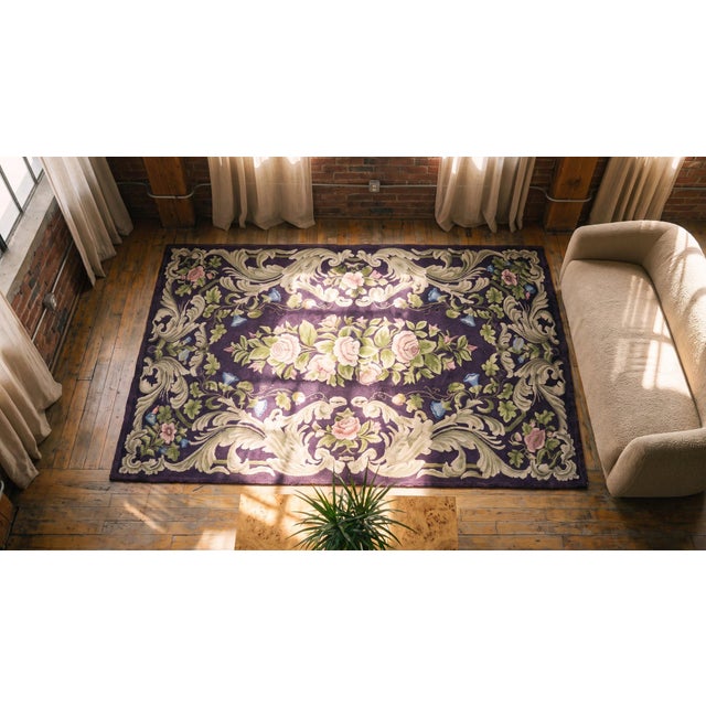 Amazing Purple Ground Color With Nice Foliate Design Antique American Hooked Rug For Sale - Image 12 of 14