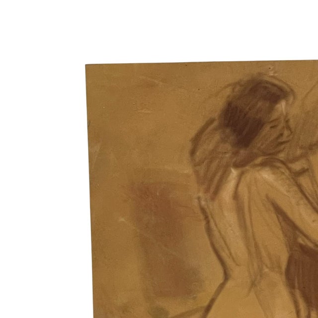 Vintage Seated Female Nude Figure Drawing on Toned Paper, Figurative Life Study. For Sale - Image 4 of 10