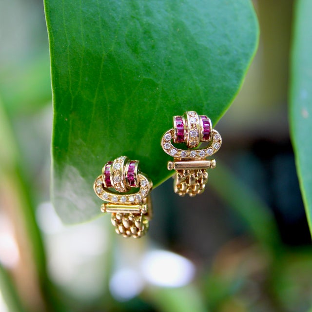 Vintage 18k Gold Diamond and Ruby Buckle Huggie Earrings, A Pair For Sale - Image 9 of 10