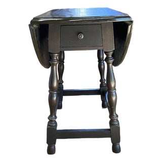 Dark Brown Drop Leaf Accent Table With Turned Legs and Drawer For Sale