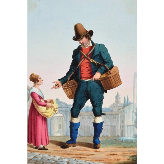 The Peddler - Original Ink and Watercolor by Anonymous Italian Artist - 1800 19th Century For Sale - Image 3 of 3