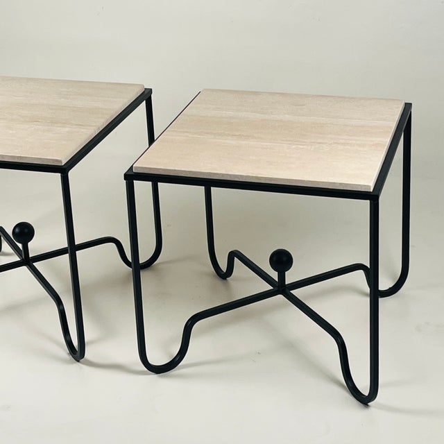 Stone Pair of Tall Iron and Travertine 'Entretoise' Side Tables by Design Frères For Sale - Image 7 of 7