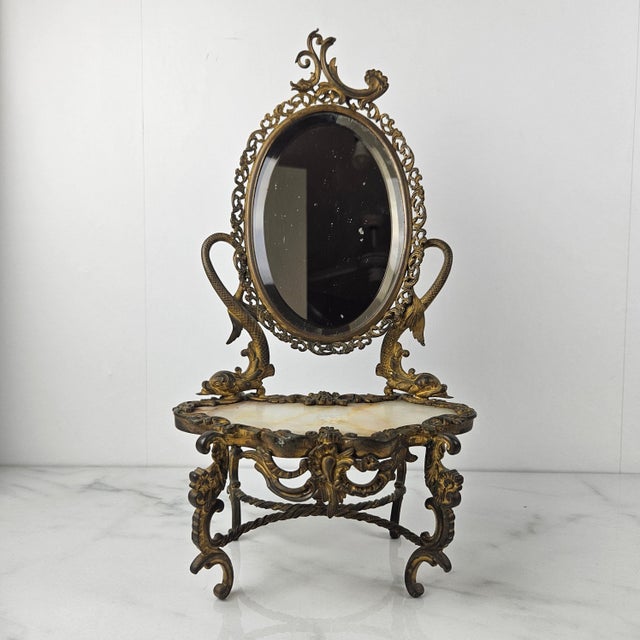 Rococo 19th-Century Rococo Revival Vanity Mirror with Gilt Bronze Frame and Onyx Top For Sale - Image 3 of 11