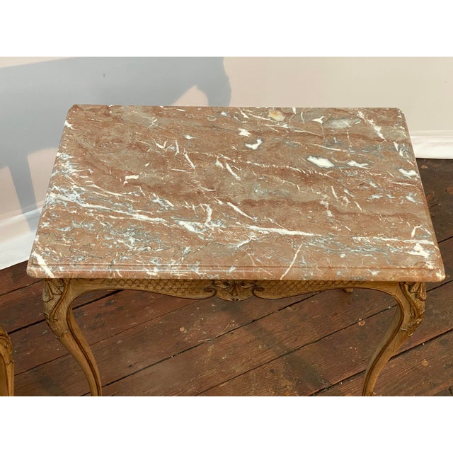 1970s Carved Oak and Marble Louis XV Style End Tables, a Pair For Sale - Image 9 of 16
