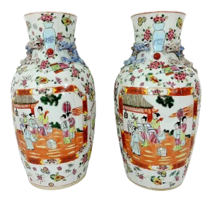 Rare Antique "Linen Fold" Famille Rose Vases, Signed White Porcelain Chinese With Chimera, Republic Period, a Pair