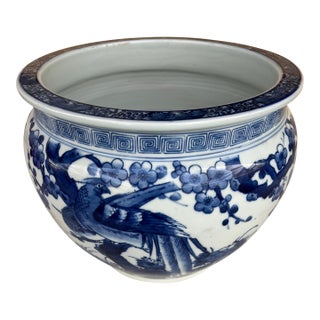 Vintage Japanese Blue & White Bird & Cherry Blossom Jardinière / Planter For Sale